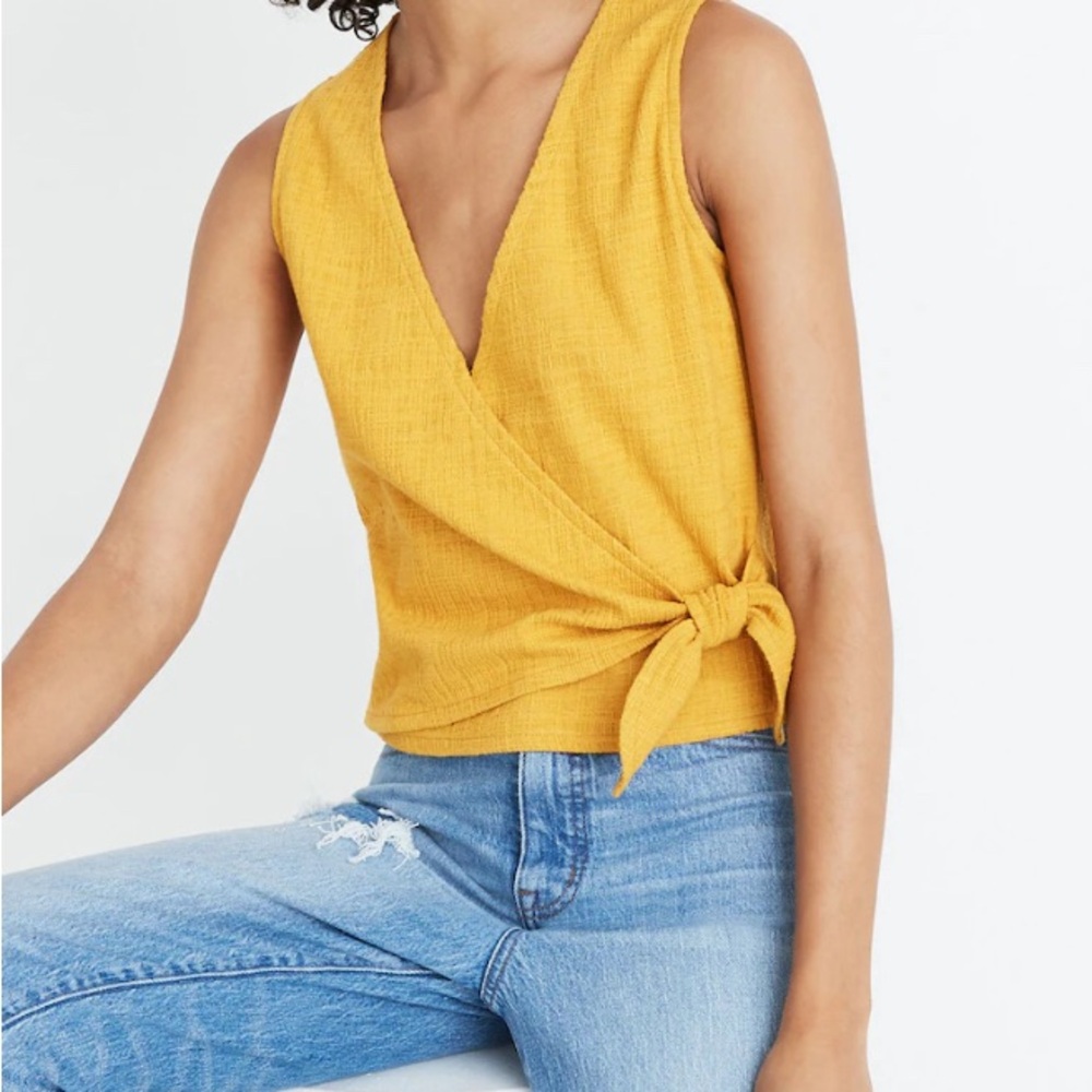 Madewell Wrap-Tie Tank Top in Tungsten Glow. Mustard yellow bow shirt XS